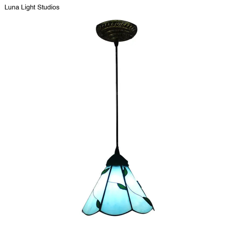 Tiffany Inspired Stained Glass Pendant Lamp Kit - Scalloped Design Blue/Beige 3 Bulbs Ideal For