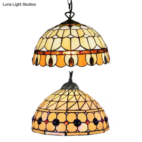 Tiffany Jeweled Pendant Lamp: Circle/Gem Pattern Stained Glass Shade Chain Included Ideal For