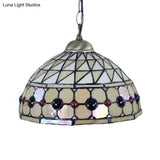 Tiffany Jeweled Pendant Lamp: Circle/Gem Pattern Stained Glass Shade Chain Included Ideal For