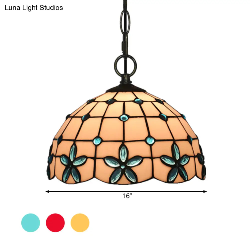 Tiffany Lattice Bowl White Glass Jeweled Flower Pendant Light Kit For Dining Room