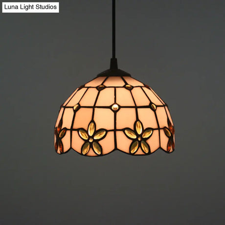 Tiffany Lattice Bowl White Glass Jeweled Flower Pendant Light Kit For Dining Room