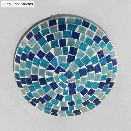Tiffany Mosaic Glass Ceiling Light - Round Blue Flush Mount (12’/16’ Width) 1 Bulb