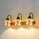 Tiffany Multicolor Stained Glass Sconce Light Fixture With 3 Bell-Shaped Heads In Pink/Purple/Orange