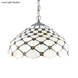 Tiffany Multicolored Stained Glass Dome Pendant Light: White Single Bulb Hanging Lamp For Living