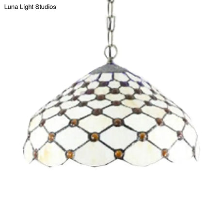 Tiffany Multicolored Stained Glass Dome Pendant Light: White Single Bulb Hanging Lamp For Living