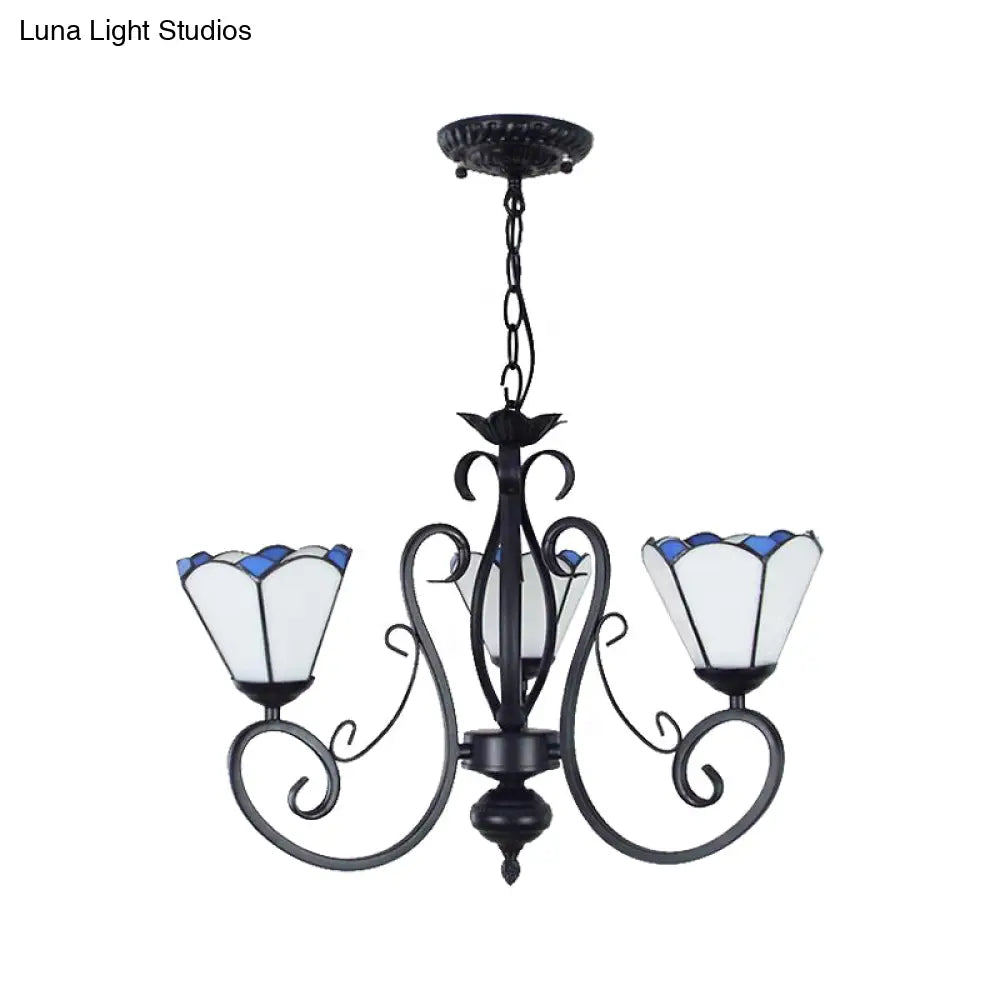 Tiffany Pendant Light With Adjustable Chain And 3 White Glass Cone Shades