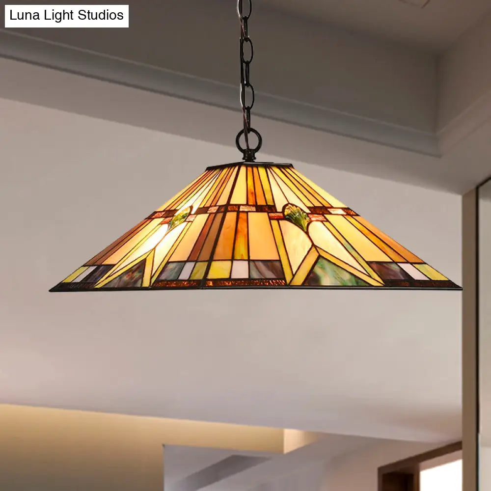 Tiffany Rhombus/Shell Ceiling Lamp - Brown Stained Art Glass Pendant Light For Dining Room