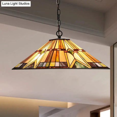 Tiffany Rhombus/Shell Ceiling Lamp - Brown Stained Art Glass Pendant Light For Dining Room