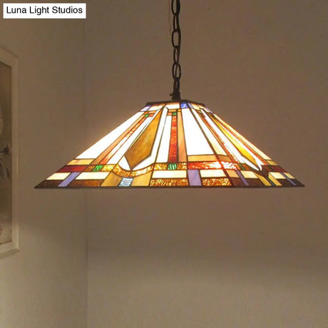 Tiffany Rhombus/Shell Ceiling Lamp - Brown Stained Art Glass Pendant Light For Dining Room