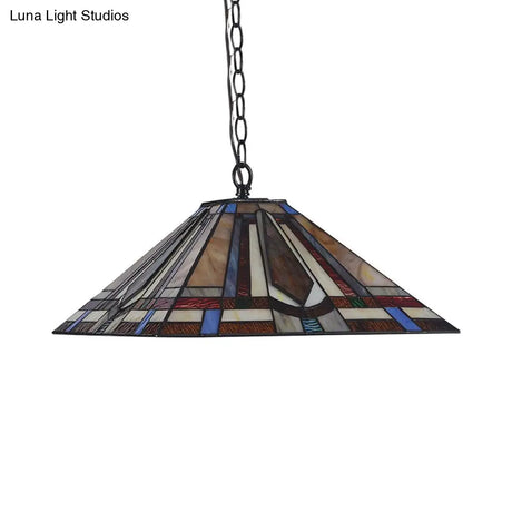 Tiffany Rhombus/Shell Ceiling Lamp - Brown Stained Art Glass Pendant Light For Dining Room