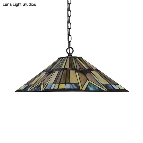 Tiffany Rhombus/Shell Ceiling Lamp - Brown Stained Art Glass Pendant Light For Dining Room