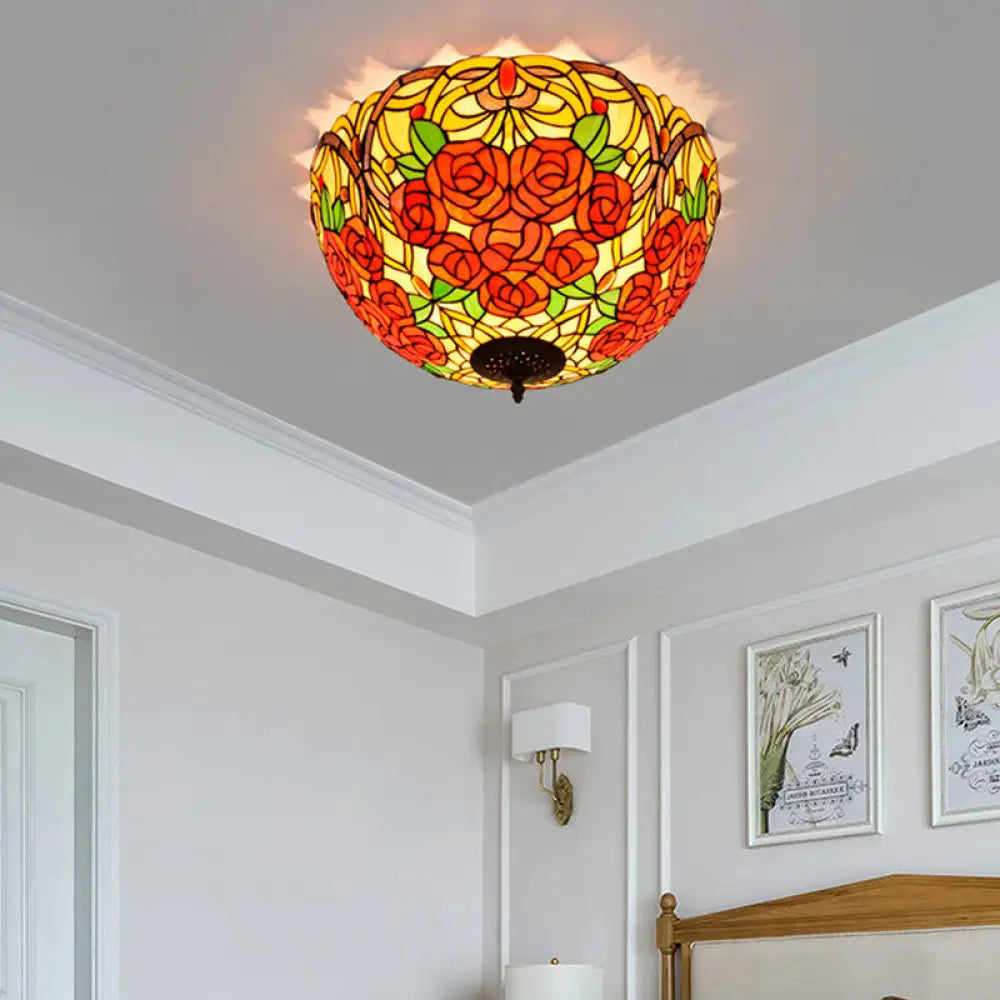 Tiffany Rose/Grape Flush Mount Lamp - Bronze Finish Stained Glass 5 Bulbs Close To Ceiling Lighting