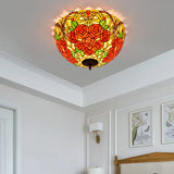 Tiffany Rose/Grape Flush Mount Lamp - Bronze Finish Stained Glass 5 Bulbs Close To Ceiling Lighting