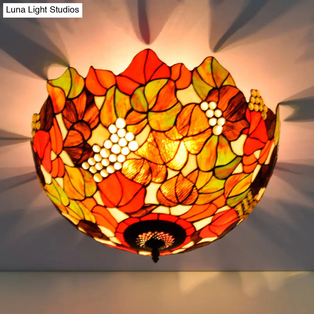 Tiffany Rose/Grape Flush Mount Lamp - Bronze Finish Stained Glass 5 Bulbs Close To Ceiling Lighting