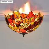 Tiffany Rose/Grape Flush Mount Lamp - Bronze Finish Stained Glass 5 Bulbs Close To Ceiling Lighting