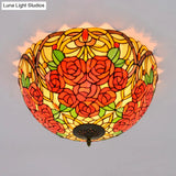 Tiffany Rose/Grape Flush Mount Lamp - Bronze Finish Stained Glass 5 Bulbs Close To Ceiling Lighting