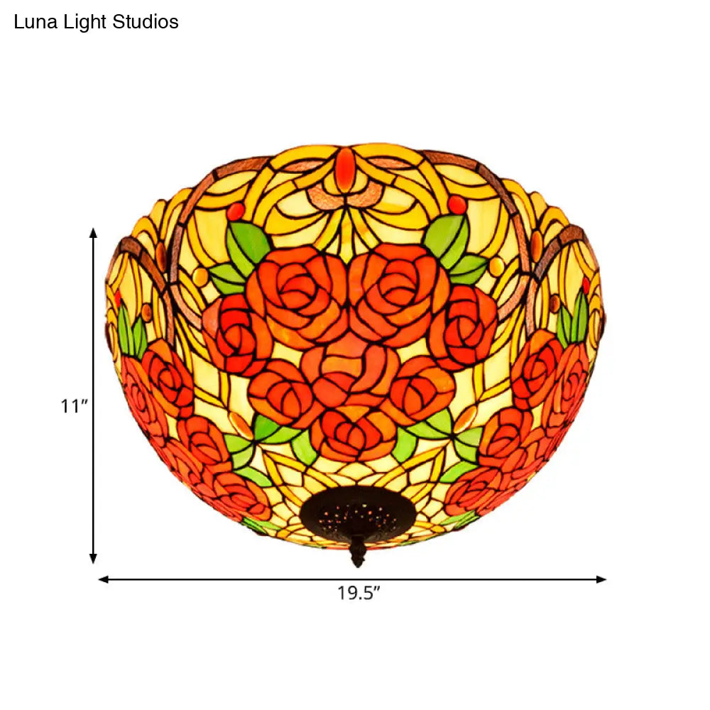Tiffany Rose/Grape Flush Mount Lamp - Bronze Finish Stained Glass 5 Bulbs Close To Ceiling Lighting
