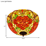 Tiffany Rose/Grape Flush Mount Lamp - Bronze Finish Stained Glass 5 Bulbs Close To Ceiling Lighting