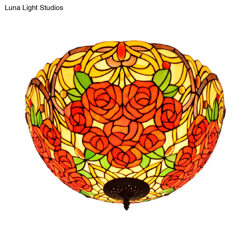 Tiffany Rose/Grape Flush Mount Lamp - Bronze Finish Stained Glass 5 Bulbs Close To Ceiling Lighting