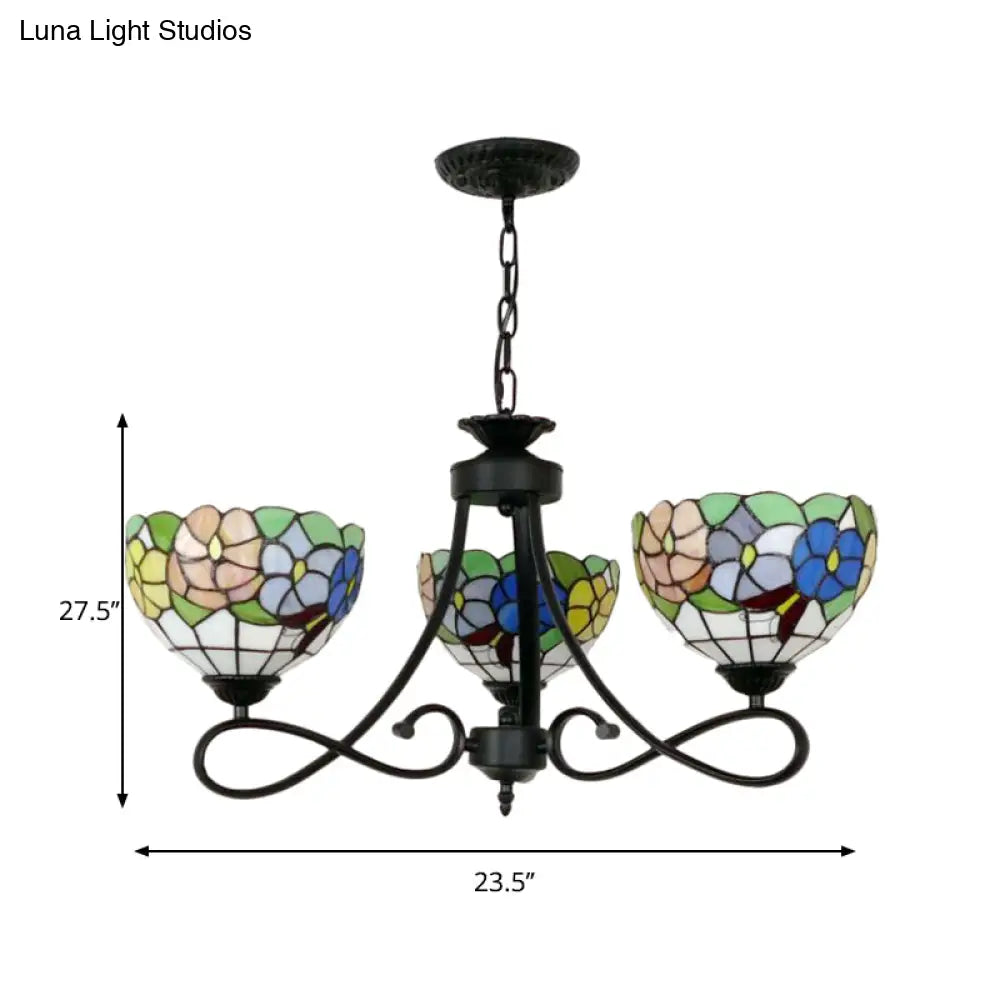 Tiffany Rustic Stained Glass Chandelier With Petal 3 Heads And Floral Pattern For Study Room