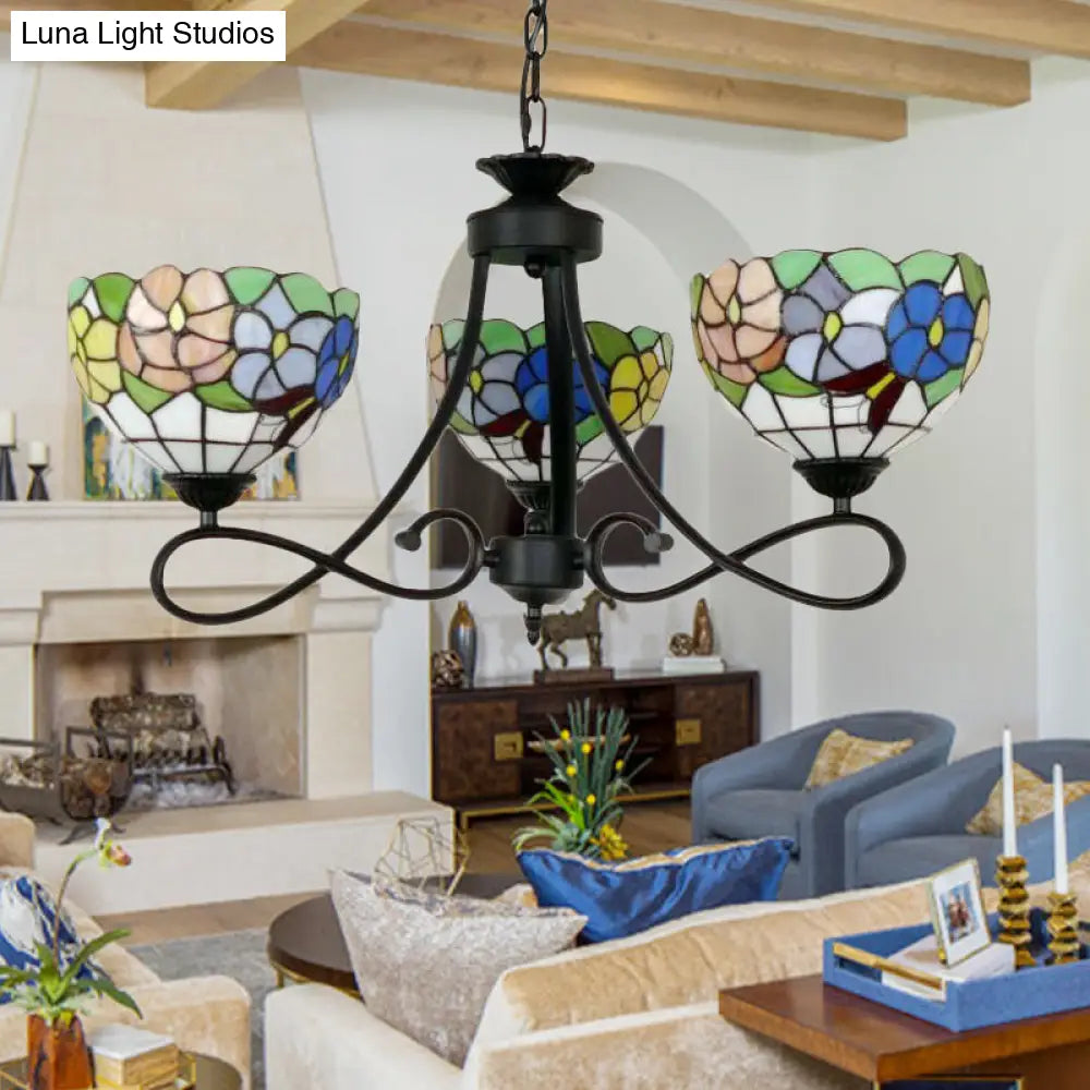 Tiffany Rustic Stained Glass Chandelier With Petal 3 Heads And Floral Pattern For Study Room