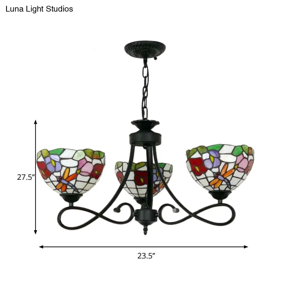 Tiffany Rustic Stained Glass Chandelier With Petal 3 Heads And Floral Pattern For Study Room