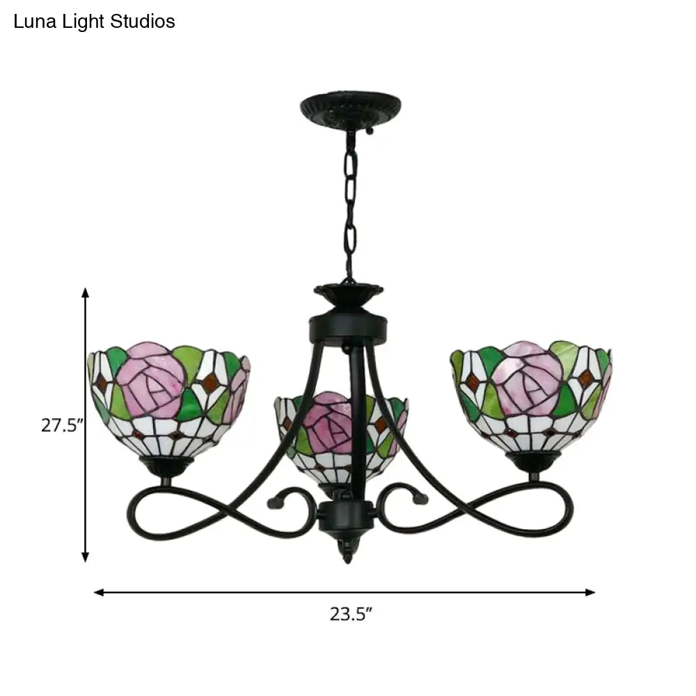 Tiffany Rustic Stained Glass Chandelier With Petal 3 Heads And Floral Pattern For Study Room