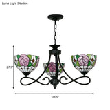 Tiffany Rustic Stained Glass Chandelier With Petal 3 Heads And Floral Pattern For Study Room