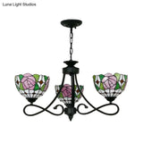 Tiffany Rustic Stained Glass Chandelier With Petal 3 Heads And Floral Pattern For Study Room