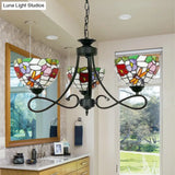 Tiffany Rustic Stained Glass Chandelier With Petal 3 Heads And Floral Pattern For Study Room