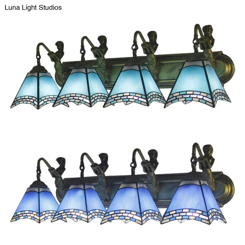 Tiffany Sconce Light Fixture - Trpezoid Wall Mount 4 Heads Dark Blue/Light Blue Glass