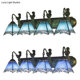 Tiffany Sconce Light Fixture - Trpezoid Wall Mount 4 Heads Dark Blue/Light Blue Glass