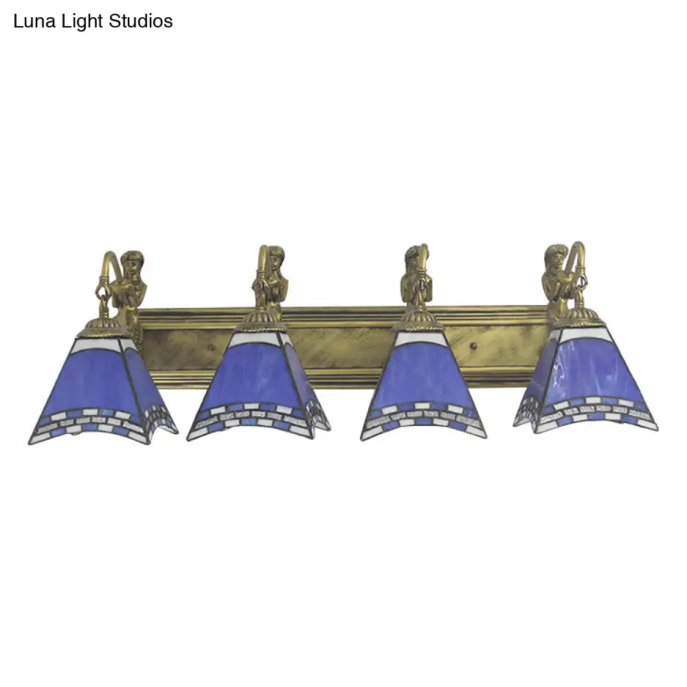 Tiffany Sconce Light Fixture - Trpezoid Wall Mount 4 Heads Dark Blue/Light Blue Glass