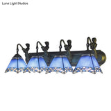 Tiffany Sconce Light Fixture - Trpezoid Wall Mount 4 Heads Dark Blue/Light Blue Glass