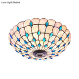 Tiffany Shell Blue Flush Ceiling Light Jeweled Bowl 3/4 Bulbs 16/21 Wide - Stylish Flushmount
