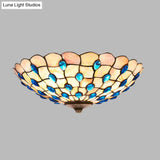 Tiffany Shell Blue Flush Ceiling Light Jeweled Bowl 3/4 Bulbs 16/21 Wide - Stylish Flushmount
