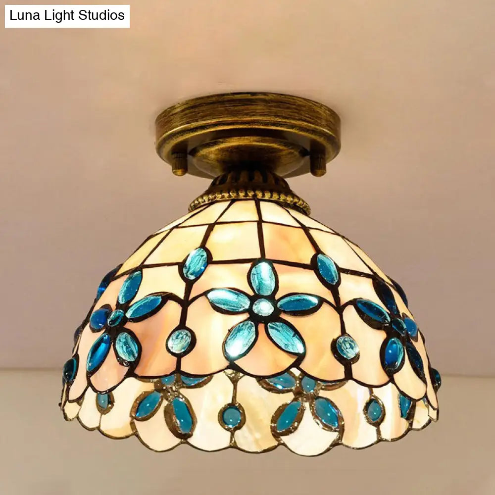 Tiffany Single - Bulb Shell Bowl Ceiling Lamp - Handmade Blue/Light Blue/Beige Flush Mount With Gem