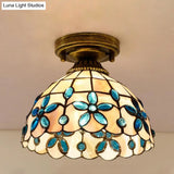 Tiffany Single - Bulb Shell Bowl Ceiling Lamp - Handmade Blue/Light Blue/Beige Flush Mount With Gem