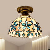 Tiffany Single - Bulb Shell Bowl Ceiling Lamp - Handmade Blue/Light Blue/Beige Flush Mount With Gem