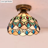 Tiffany Single - Bulb Shell Bowl Ceiling Lamp - Handmade Blue/Light Blue/Beige Flush Mount With Gem
