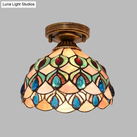 Tiffany Single - Bulb Shell Bowl Ceiling Lamp - Handmade Blue/Light Blue/Beige Flush Mount With Gem