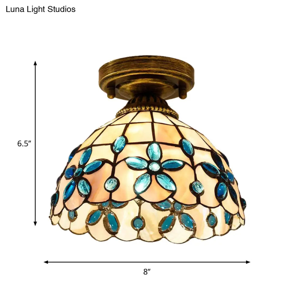Tiffany Single - Bulb Shell Bowl Ceiling Lamp - Handmade Blue/Light Blue/Beige Flush Mount With Gem