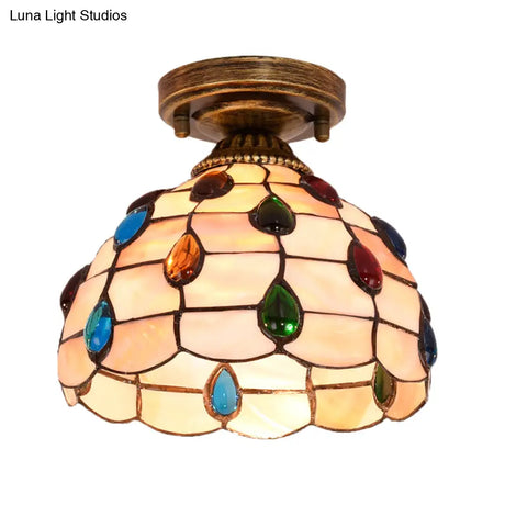 Tiffany Single - Bulb Shell Bowl Ceiling Lamp - Handmade Blue/Light Blue/Beige Flush Mount With Gem