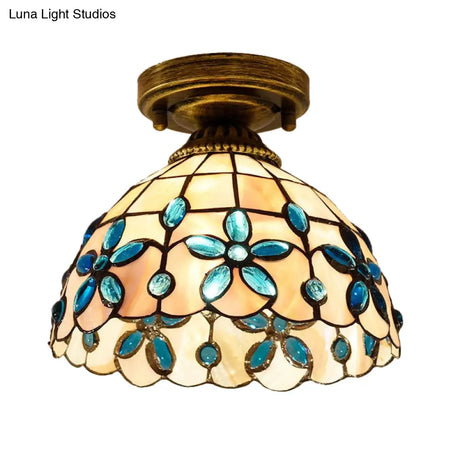 Tiffany Single - Bulb Shell Bowl Ceiling Lamp - Handmade Blue/Light Blue/Beige Flush Mount With Gem