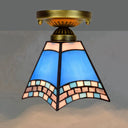 Tiffany Stained Art Glass Semi Flush Mount Ceiling Light - Single - Bulb Shaded Fixture Dark Blue
