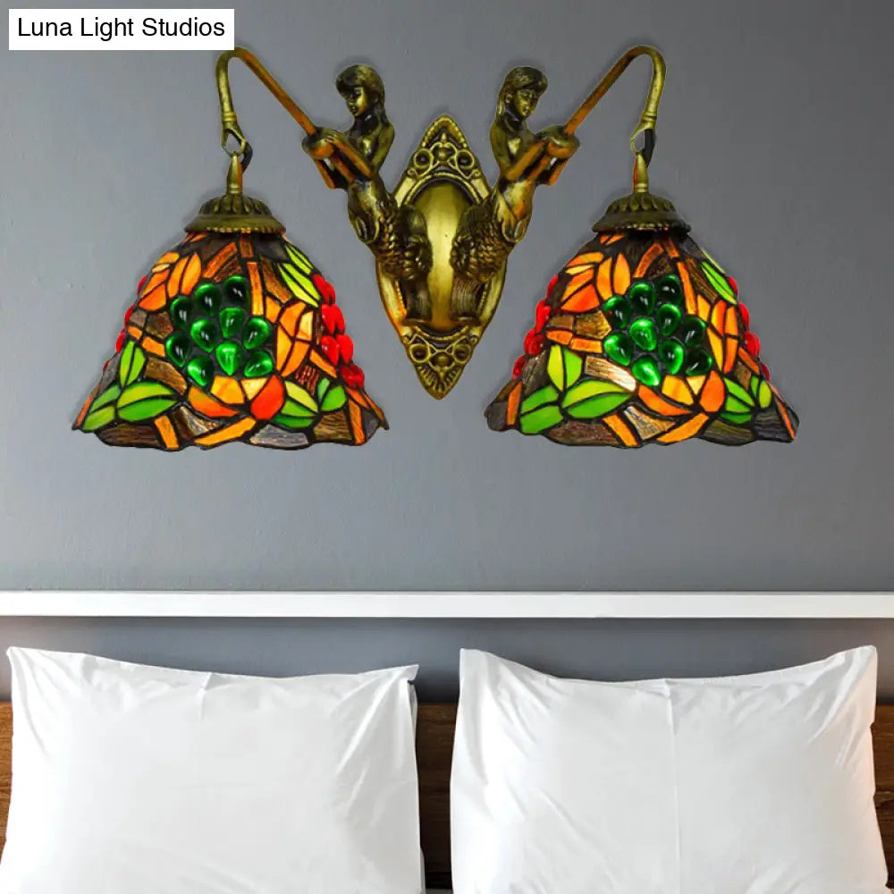 Tiffany Stained Glass Bell Sconce Light Fixture - Red Yellow Green 2 Heads Wall Mount Bedroom