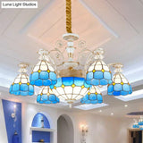 Tiffany Stained Glass Blue Chandelier Pendant Light with Grid Pattern 5/9/11 Lights