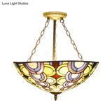 Tiffany Stained Glass Bowl Chandelier - Vibrant Multi-Colored Pendant Light For Living Room