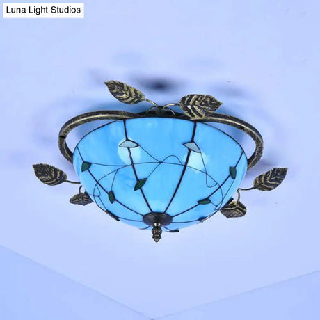 Tiffany Stained Glass Bowl Flushmount Light - 3 Bulb Ceiling Fixture With Leaf Decoration
