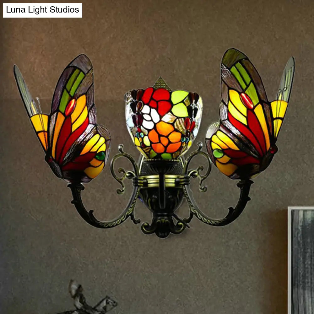 Tiffany Stained Glass Butterfly Wall Sconce With 3 Lights And Brass Finish For Porch Lighting